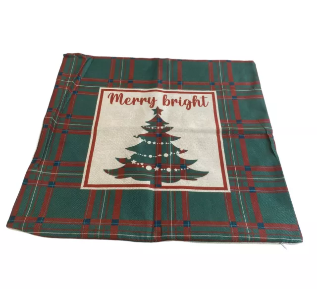 Funda de almohada de Navidad roja verde a cuadros árbol ""Feliz brillante"" 17,5 x 17,5
