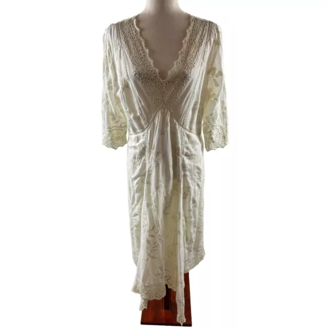 Sundance Eyelet Lace Embroidered Floral Handkerchief Midi Dress Size 16 Cream