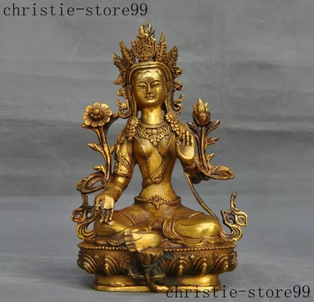 Old Tibet Buddhism bronze Gilt Green Tara Goddess KwanYin Guan Yin Buddha Statue