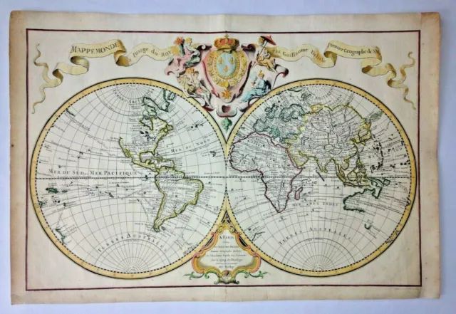 WORLD MAP 1720 GUILLAUME DELISLE 18e CENTURY UNUSUAL LARGE ANTIQUE MAP