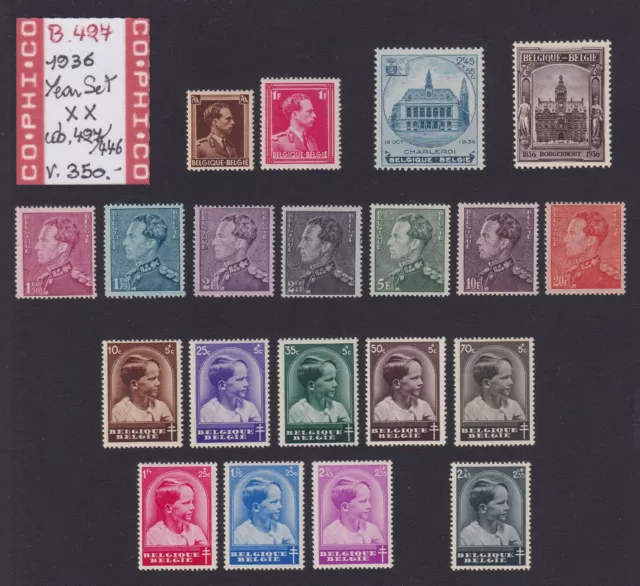 Belgium 1936 - Mint MNH Full Year stamp set Cob# 427/47 - Cat val 350€......B427