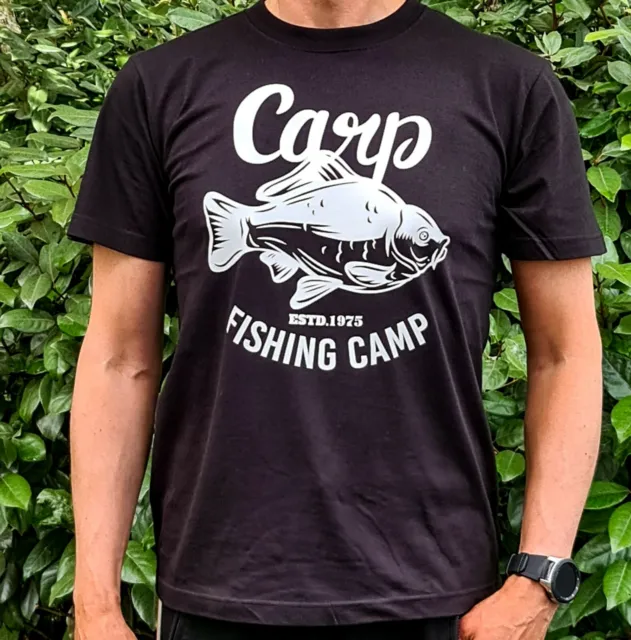 T-shirt nera pescatore pescatore pescatore fortunato vinile carpa applicata unisex malfini