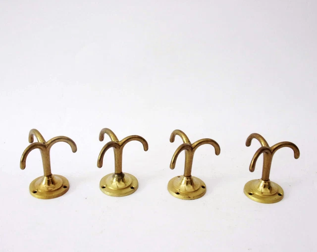 4x Antique Hooks Solid Brass Hanger Set Wall Mount Coat Hat Rack Old Vintage MCM