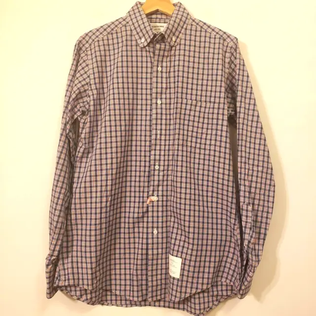 Thom Browne Shirt Blue Plaid Button Down Collar Chest Patch Pocket Mens Size 3