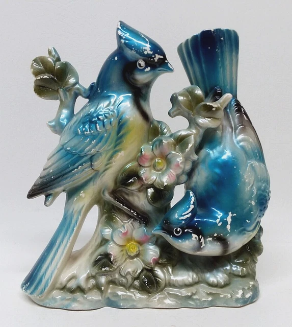 Vintage Japan Ceramic Blue Jays Hand Painted Figurine iridescent Chippy Shabby