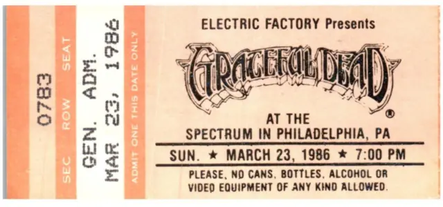 Vintage Grateful Morti Ticket Stub Marzo 23 1986 Philadelphia Pennsylvania