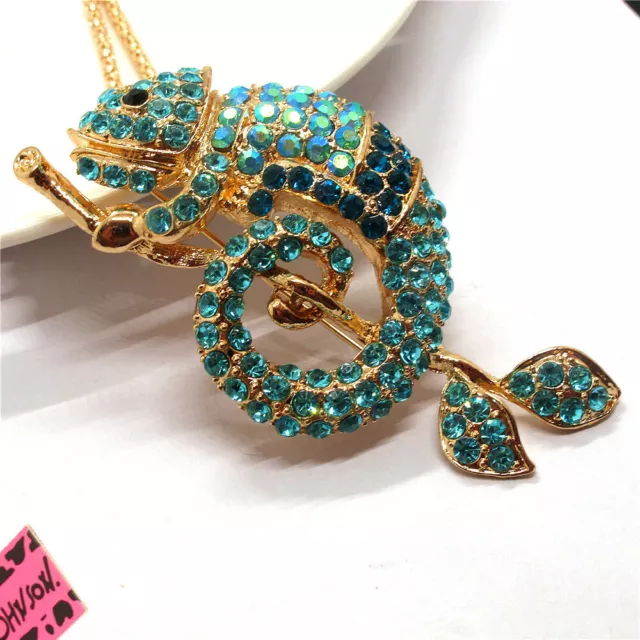 New Betsey Johnson Blue Rhinestone Bling Branch Gecko Crystal Pendant Necklace 2