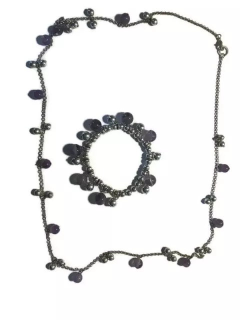 Silver Tone Necklace Stretch Bracelet Jewelry Set Silver & Purple Beads Charms