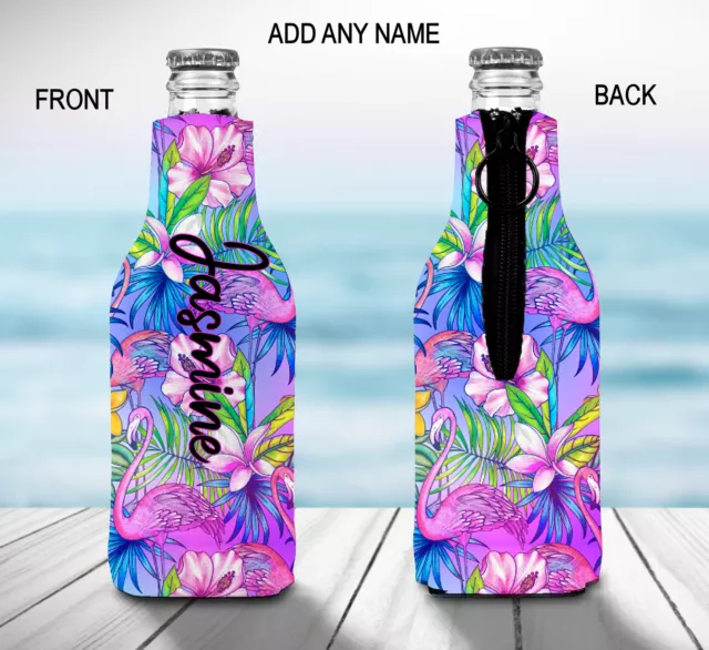 Flamingo Stubby Holder Zip Up Bottle Cooler Collapsible Personalised