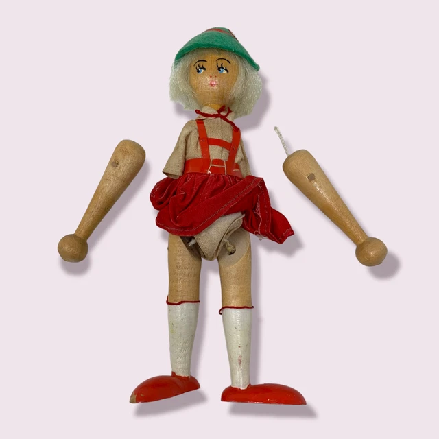Vintage Wooden Peg Female Jointed Doll Made In Poland Hand Painted Dirndl AS IS