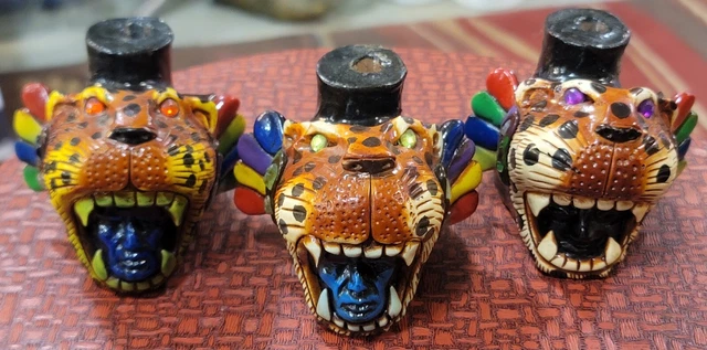 Rare Vintage Aztec Style Hand Crafted Whistles Lot of 3 Hand Crafted Cheetah