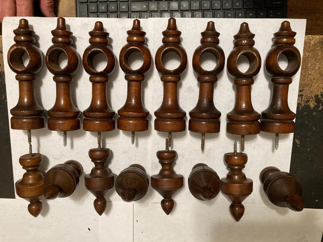 4 Old Sets Arts Craft Victorian Turned Wood Drapery Curtain Rod Brackets Finials 3