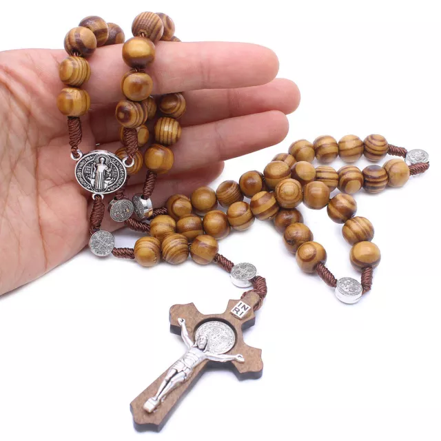 Saint Benedict Olive Wood Beads Rosary Chain Cross Catholic Pendant Necklace