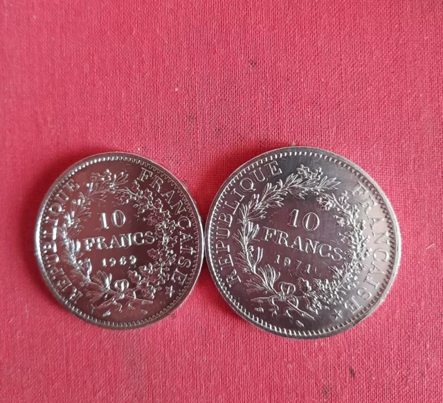 Lot de 2 Pièces de 10 Francs Hercule en Argent 1969 et 1971 TTB