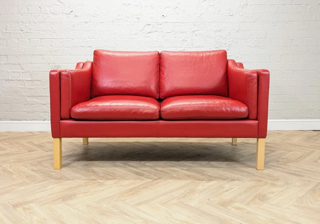 Mid-Century Modern Vintage Danish Red Leather 2 Seater Sofa Mogensen Style