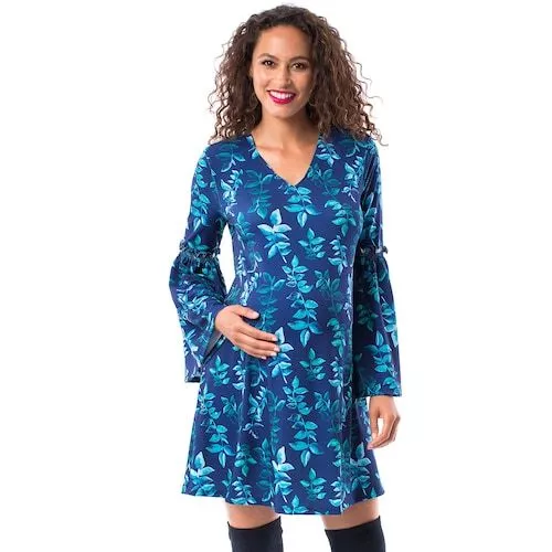 Pip and Vine Maternity Blue Floral Long Bell Sleeves Shift Dress Sz M NWT