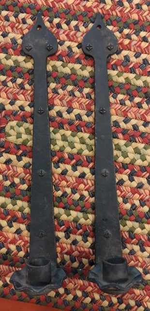 Vintage Cast Iron Wall Candle Sconce Set Antique Barn Strap Bracket Black Ornate