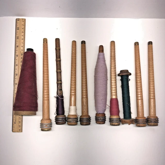 10 Vintage Antique Wooden Spools Sewing Thread Textile Bobbin Spindle Farmhouse