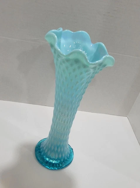 Northwood Blue Opalescent Opague Stretch Diamond Point Antique Vase