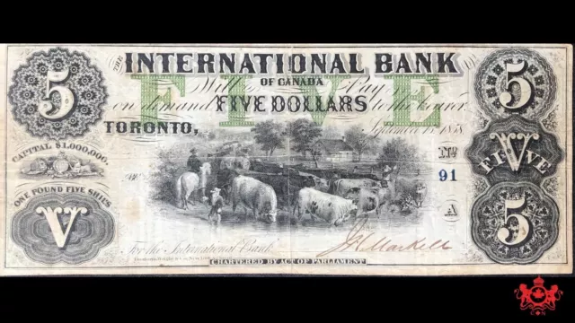 1858 International Bank Of Canada $5 Low Serial Number 91 - VF/EF - 380-10-06-14