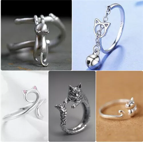 Women 925 Silver Filled Party Ring Animal Jewelry Cute Cat Ring Gifts Adjustable