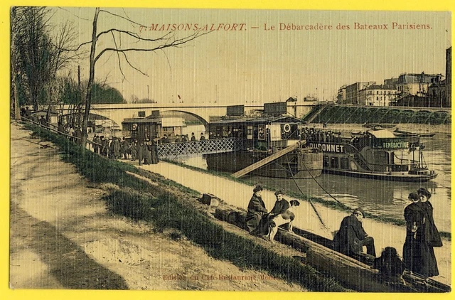 cpa beautiful canvas card of the landing of parisian boats at HOUSES ALFORT
