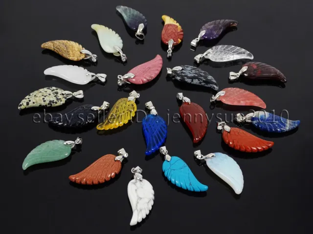 Natural Gemstone Carved Angel Wing Reiki Chakra Pendant Charms Silver Plated