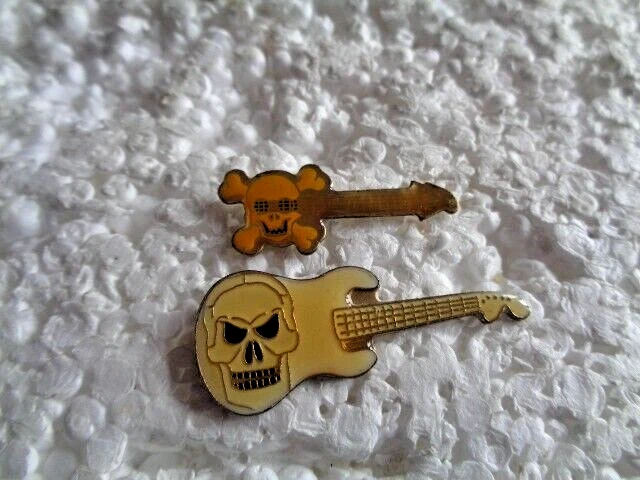 Job lot of 2 Skull Electric guitar shaped metal lapel pins