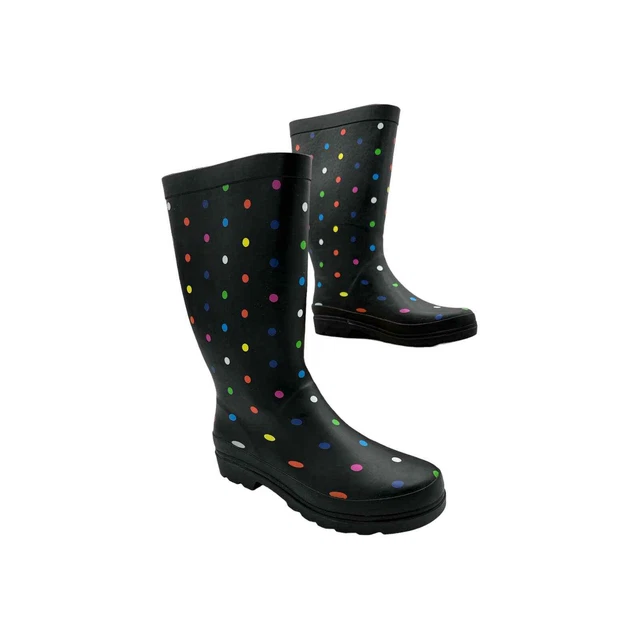 Sugar, Women's Raffle Tall Rain Boots, Black Fiesta Dot, Size 10M