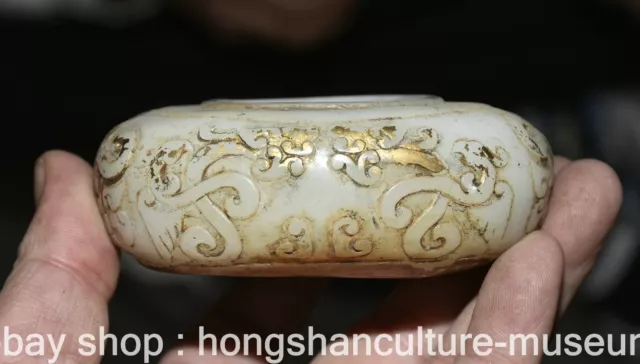 3.6" Rare Old Chinese White Jade Gilt Carving Palace Beast Face Small Tank Jar