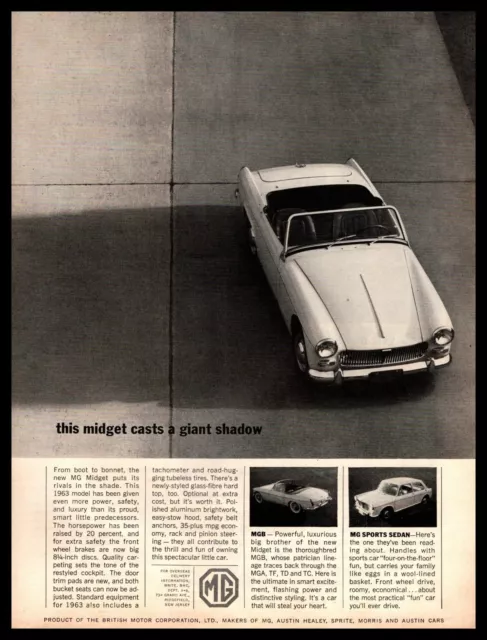 1963 MG Midget Convertible Roadster MGB And MG Sports Sedan BMC Motors Print Ad