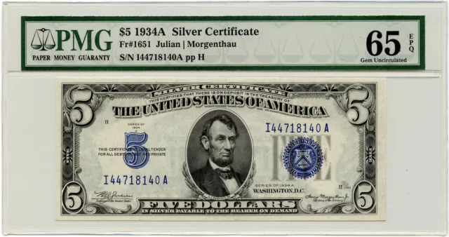 1934A $5 Silver Certificate Note Fr. #1651 PMG Gem Uncirculated 65 EPQ