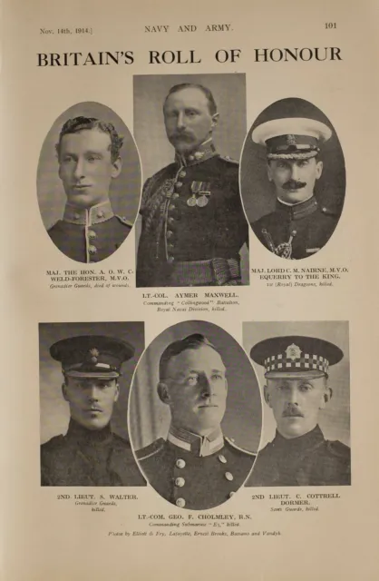 1914 Ww1 Print Britains Roll Of Honour Aymer Maxwell Lt Cholmley Dormer