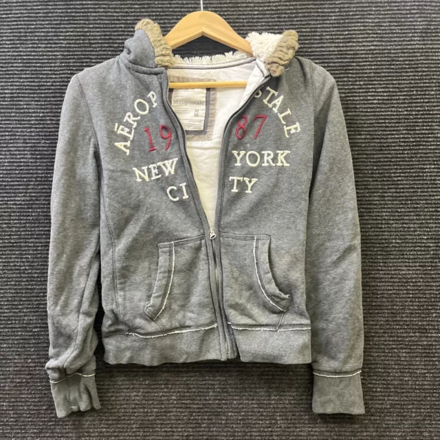 🔥Aeropostale Women's Grey Faux Fur Hood Full-Zip Hoodie Medium New York City