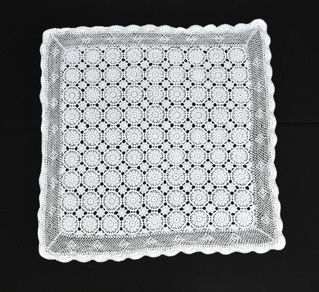 Vintage Hand Crocheted White Floral Scalloped Edge Tablecloth 32" Square