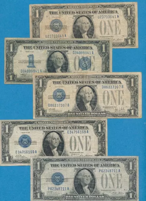 5-$1.00 1928 /1934 Funny Back Blue Seal Silver Certificates Average Circ.  Lot