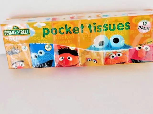 12 packs POCKET TISSUES -SESAME STREET - 3ply WHITE TISSUES 10 SHEETS per pack