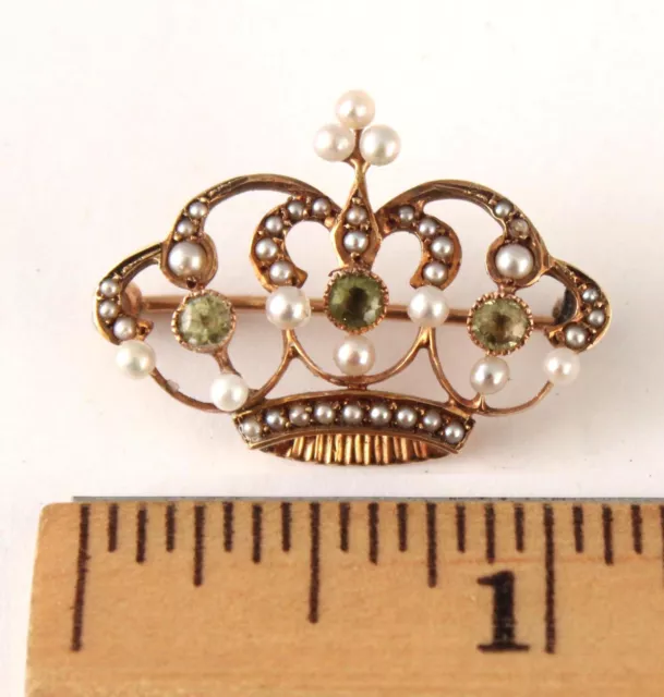 Antique Victorian 14K Yellow Gold Peridot & Pearl Royal Crown Pin Hallmarked NR