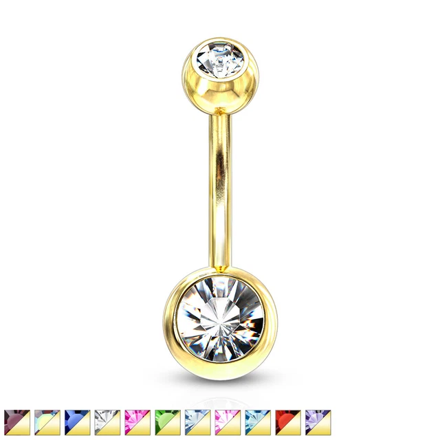 Gold Ion Plated Steel Double CZ Gem Ball Belly Ring Pierced Navel Naval