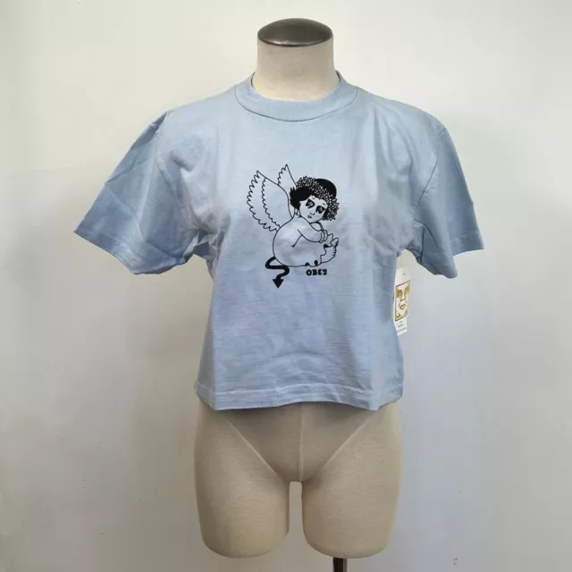 Obey Women's Cropped T-Shirt Devil Angel Light Blue Size S NWT Shepard Fairey