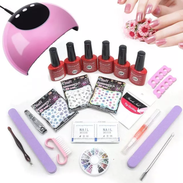 Full Set Kit LED Nail Lamp 4 UV Gel Polish Colours Bottles Remover Stickers UK