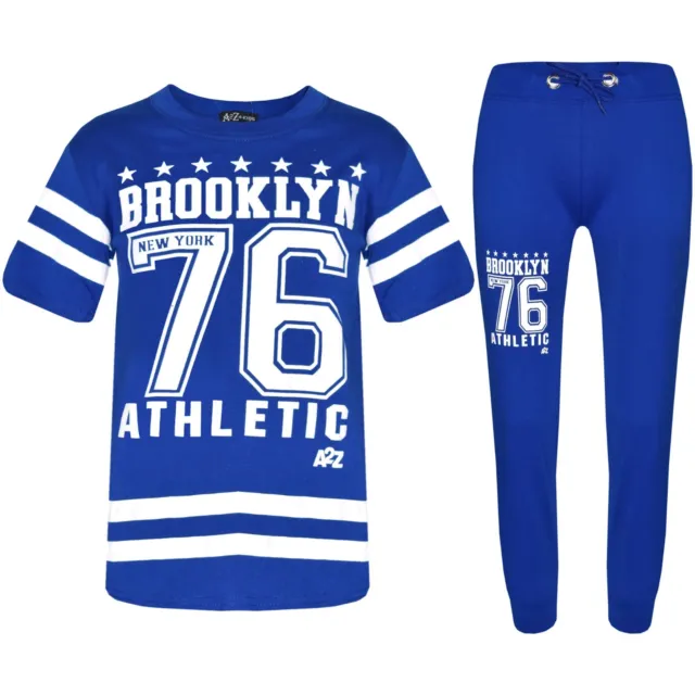 Kids Boys Designer Brooklyn 76 Royal Blue T Shirt Top Trouser Tracksuit Set 5-13