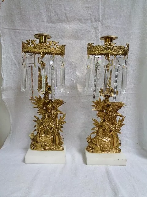 PAIR 1850s GILT BRONZE GIRANDOLE CANDLESTICKS with Prisms PAUL & VIRGINIA