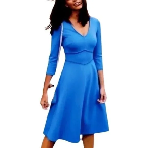Boden Bryony 3/4 Sleeve V-Neck Cerulean Blue Piped Knit Flare Dress Size 4