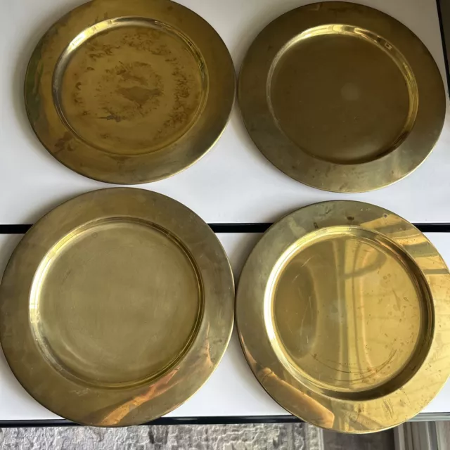 Vintage Set Of 4 11.75" Brass Charger Serving Plates Made In Denmark