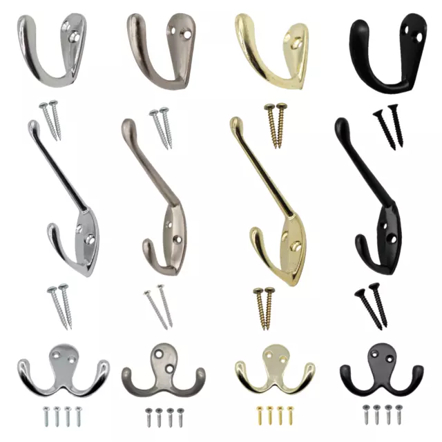 COAT HOOKS TWIN Robe Door Dress Bathroom Hanger Chrome Brass Nickel Black Screws £4.75 PicClick UK