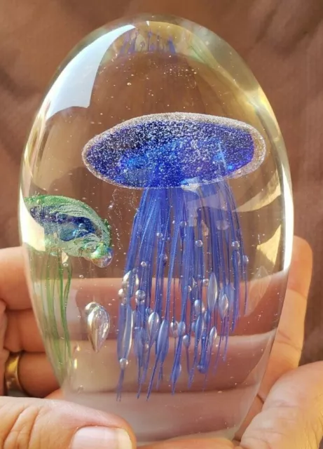 Jellyfish Art Glass Paperweight 5" Double Jellyfish- Blue - Green Sculpture