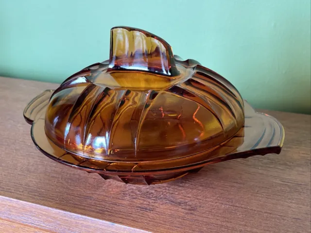 Vintage art deco Czechoslovakia cheese butter dish amber glass bowl and lid