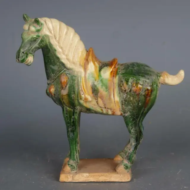 Chinese Tang Tri-Color Glazed Ceramics Green War Horse Porcelain Statue 8.3 inch