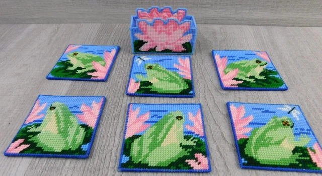 Vintage Cute Adorable Green Frog With Lilly Pad Cross Stitch Coasters And Holder